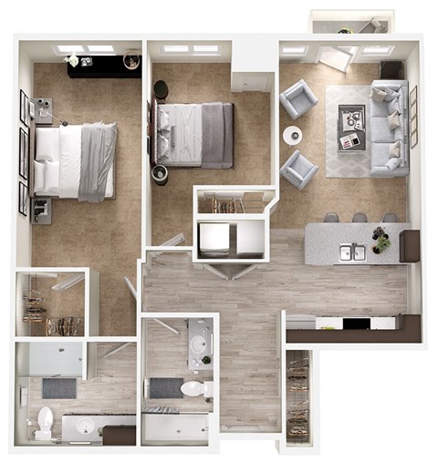 Floor plan for 2 beds, 2 baths, 1005 sqft